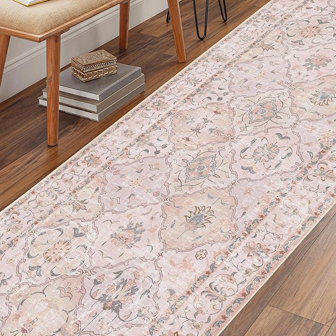 Boho Vintage Area Rugs 2×6 Washable Non-Slip Traditional Pink Runner Rug for Hallway Kitchen Entryway