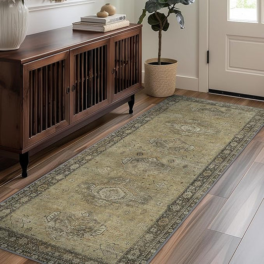 2x5 Runner Rug Non Slip, Machine Washable Rug Runners for Hallways, Vintage Distressed Print Kitchen Runner, Low Pile Lightweight Carpet Runner for Entryway, Laundry, Bedroom, Bathroom Sage Green