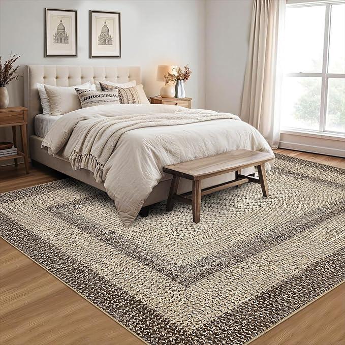 Imitation Braided Collection-Print Farmhouse Living Room Area Rug 8x10 Non-Slip Washable Rugs, Modern Large Carpet, Stain Resistant Ultra-Thin Foldable Floor Cover for Nursery Dining Room