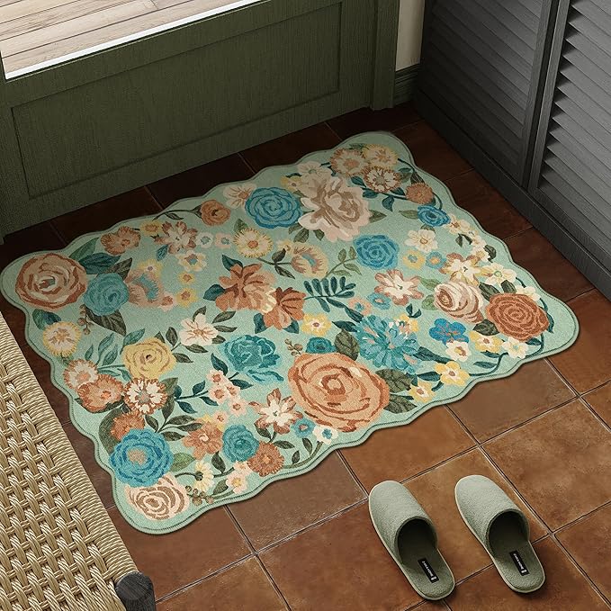 Washable Floral Area Rug 2x3 Green Small Entryway Carpet Scalloped Flower Non Slip Soft Entrance Door Mat Farmhouse Low Pile Indoor Thin Floor Cover for Bathroom Kitchen Bedroom Laundry Room