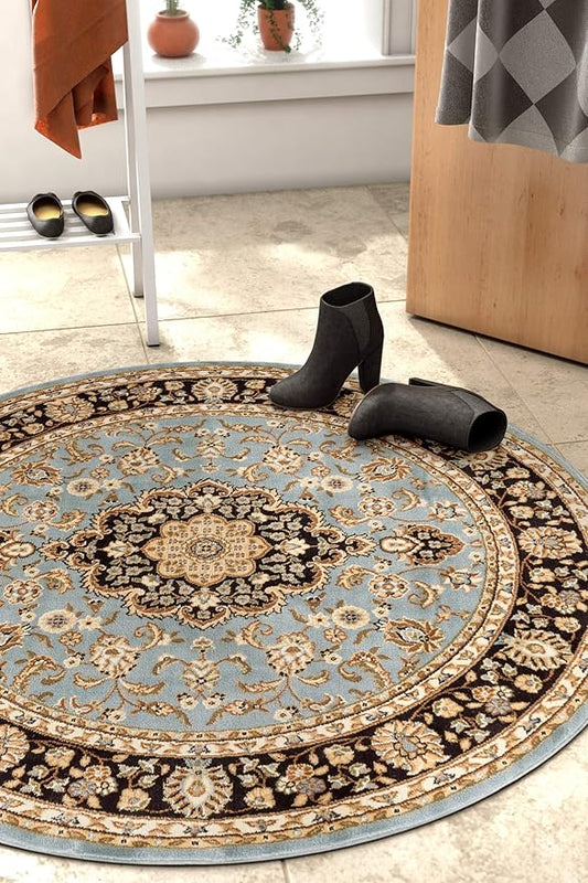 Well Woven Barclay Collection Medallion Kashan Light Blue 4 ft Round Rug - for Entryways, Small Bedrooms, Living Rooms