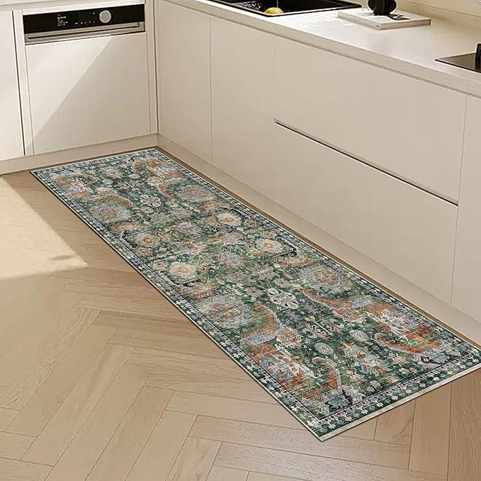 Washable Area Rugs - Perfect for Living Room, Bedroom, Kids Room, Nursery - Stain & Water Resistant Non-Slip, Pet & Child Friendly, Vintage Tribal Area Rugs (Green, 2'6'' x 8')