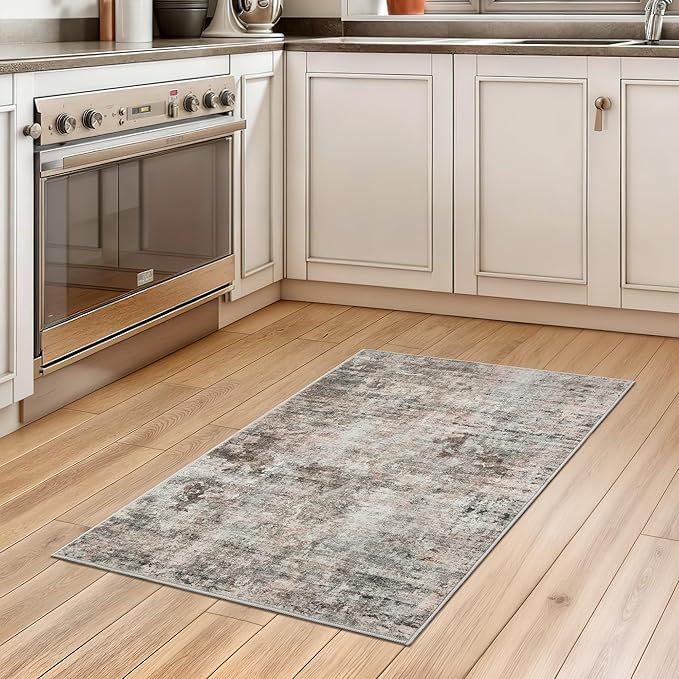 2x3 Abstract Washable Rugs for Kitchen, Floor, Entryway, Powder Room Small Area Rug Non-Slip Vintage Low Pile Throw Door Mat Pink Brown Pink