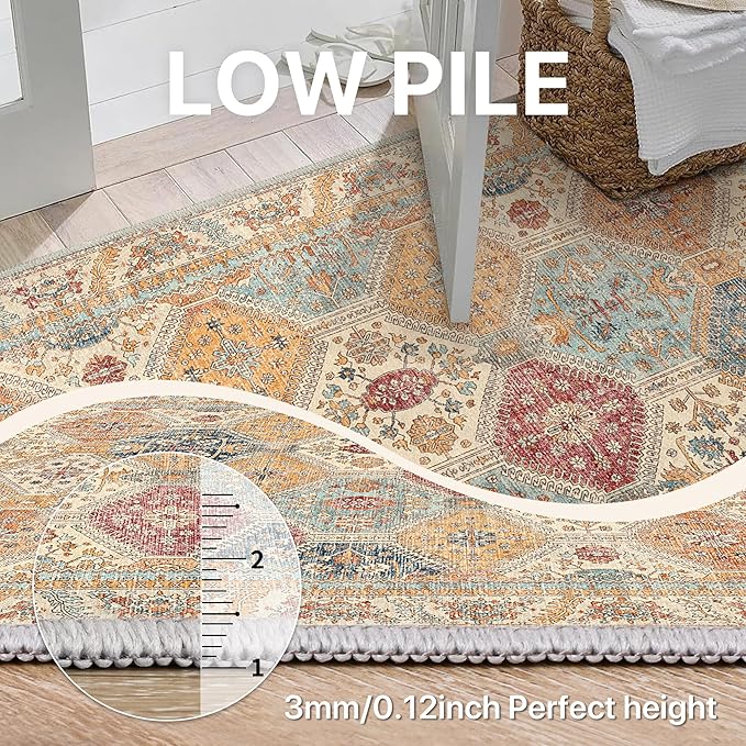 Bavni 8x10 Area Rugs for Living Room, Machine Washable Rug Non Slip, Vintage Chenille Distressed Print Carpet, Large Low Pile Ultra-Thin Lightweight Rugs for Bedroom, Dining Room, Home, Office, Orange