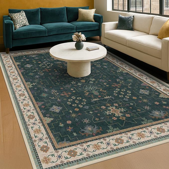 Vintage Dark Green 7x9 Dining Room Rugs for Under Kitchen Table - Washable Livinig Room Rug - Unique Floral Pastel Low Pile Non-Slip Area Rugs for Bedroom