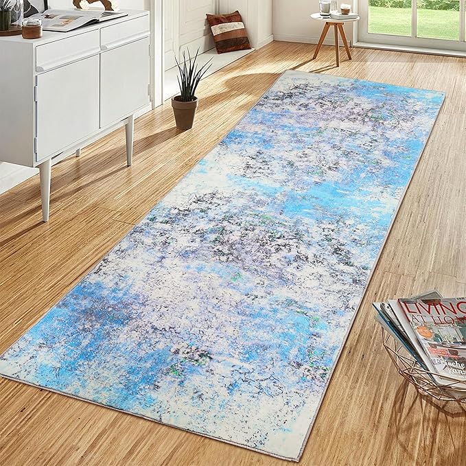 2x6 Runner Rug Abstract Washable Hallway Entryway Runner Rug Accent Print Ultra Soft Kitchen Runner Rug 6 Feet Non-Slip Boho Rug Runners for Laundry Room Entrance, Blue/Multi