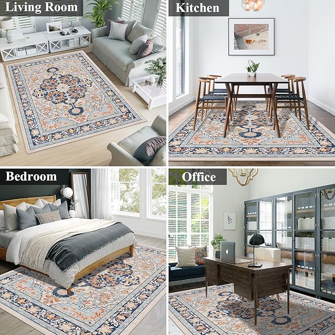 U'Artlines Boho Vintage Area Rug 5x7 Machine Washable Low Pile Soft Floor Carpet Non Slip Non Shedding Accent Rug for Living Room Bedroom Entryway Dining Room Office Orange＆Blue