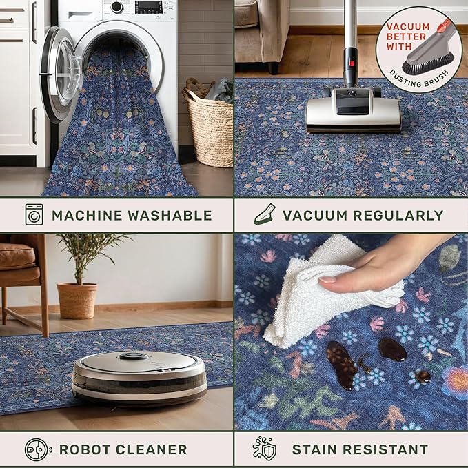 Vintage Dark Blue 3x5 Area Rugs for Entryway, Bedroom Beside Rug, Kitchen, Laundry Room, Non-Slip Low Pile Ultra Soft Stain Resistant Small Floral Carpet