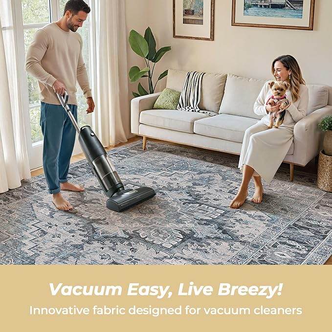 Kokia Washable Area Rugs 8x10 Living Room Boho Non Slip Thin Carpet Stain Resistant Vintage Blue Printed Oriental Foldable Distressed Rug for Bedroom Indoor House