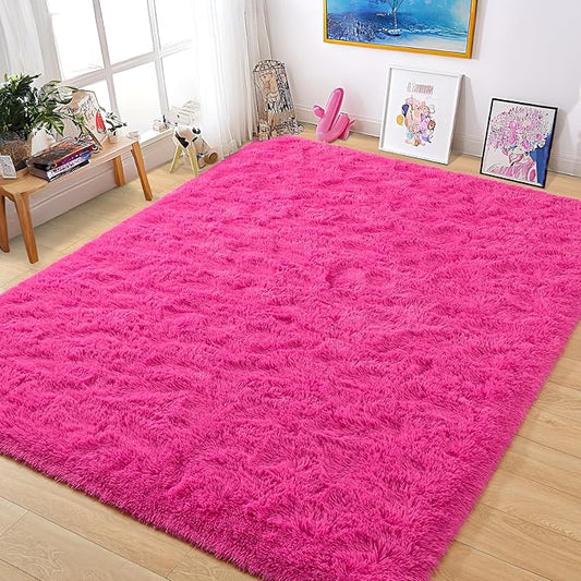 Tepook Super Soft Fluffy Rug for Bedroom, Modern Shaggy Rug Fuzzy Kids Rug for Living Room, Plush Indoor Nursery Home Decor Rug with Non-Slip Bottom, Hot Pink, 6 X 9 Feet