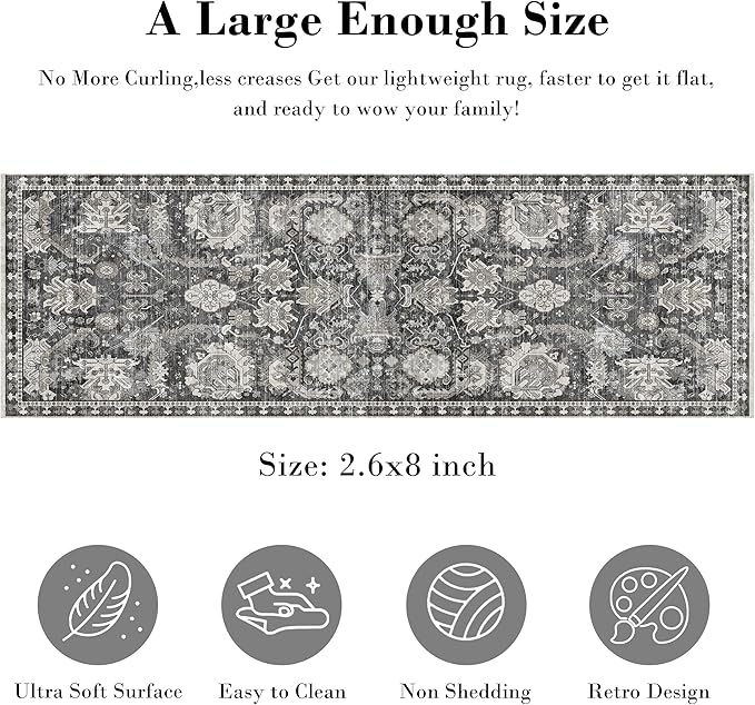Washable Area Rugs - Perfect for Living Room, Bedroom, Kids Room, Nursery - Stain & Water Resistant Non-Slip, Pet & Child Friendly, Vintage Tribal Area Rugs (Grey, 2'6'' x 8')