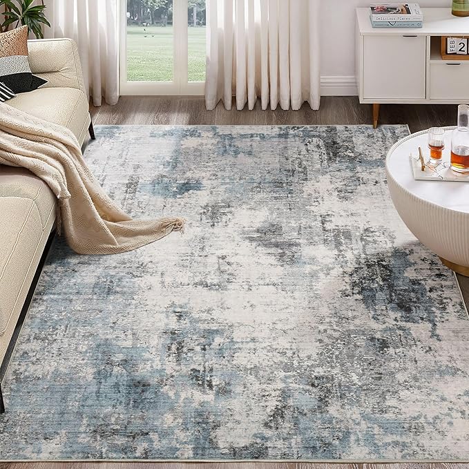 Washable Rug 9x12 Area Rugs for Living Room: Modern Abstract Neutral Soft Large Rug for Bedroom Dining Room Under Kitchen Table Home Office Decor - Grey Blue