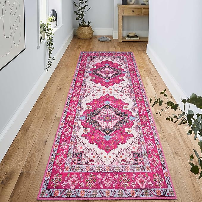 Noahas Hot Pink Hallway Runner Rug 2x6,Vintage Machine Washable Kitchen Runner Area Rugs with Rubber Backing Non Slip Print Carpets for Bedroom Girls,Entryway,Laundry Room,Bathroom,Home Decor