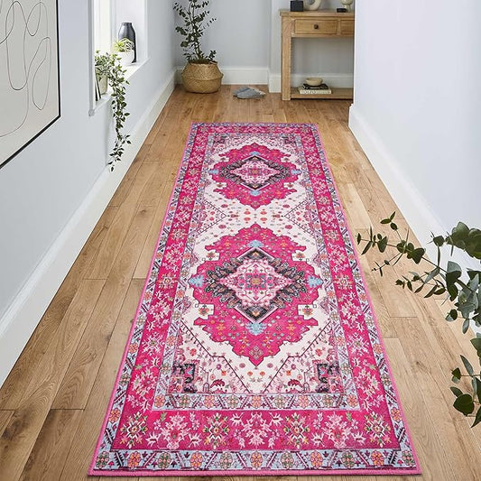Noahas Hot Pink Hallway Runner Rug 2x6,Vintage Machine Washable Kitchen Runner Area Rugs with Rubber Backing Non Slip Print Carpets for Bedroom Girls,Entryway,Laundry Room,Bathroom,Home Decor
