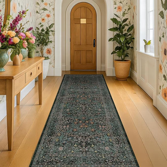 Vintage Dark Green 2'6" x 8' Floor Runner Rug for Hallway, Kitchen, Entryway Indoor, Laundry Room, Washable Non Slip Rubber Backing Stain Resistant