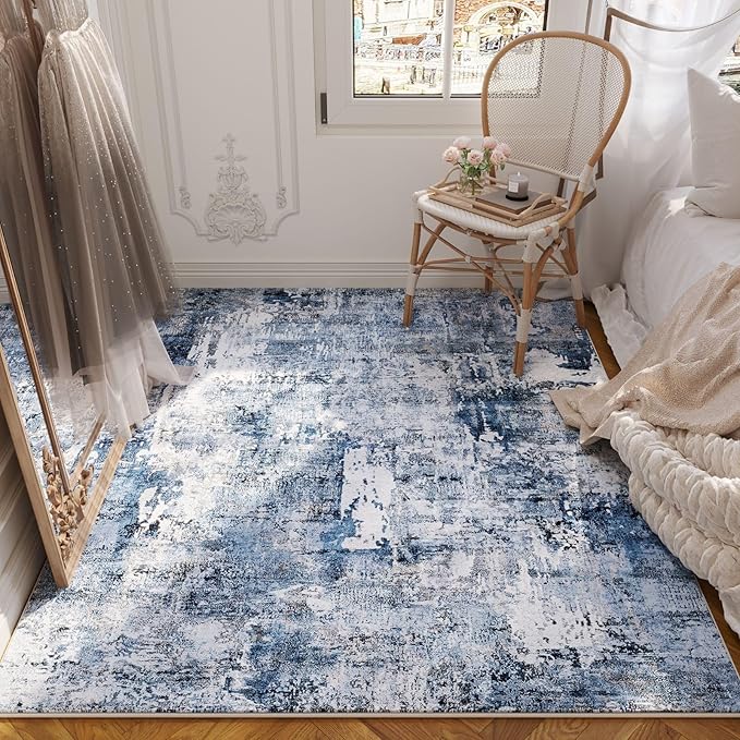 4x6 Rug Washable Boho Soft Area Rug Abstract Pattern Non-Slip Faux Wool Vintage Rug for Living Room, Bedroom Rug, Farmhouse, Dining Room, Indoor, Kids Playroom, Blue