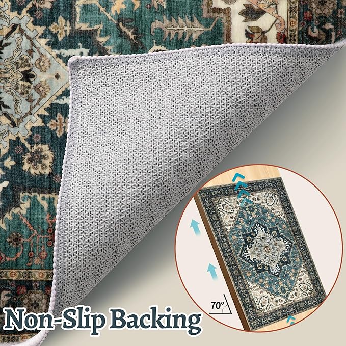 2x3 Washable Rug for Entryway, Vintage Non Slip Small Area Rug, Indoor Front Door Rug, Print Distressed Blue/Beige, Soft Low Pile Rugs for Entrance Kitchen Bedroom Bathroom