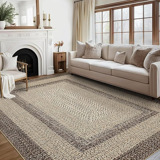 Imitation Braided Collection-Print Large Washable Rug 9x12 Non-Slip Rugs for Living Room, Natural Bordered Carpet, Stain Resistant Thin Foldable Floor Cover Bedroom for Nursery Dining Room