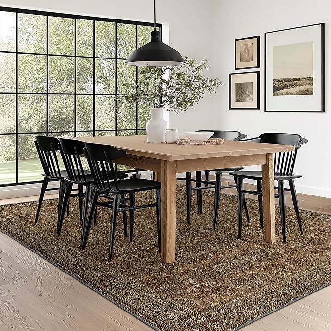 10X14 Area Rugs Machine Washable Rugs for Living Room, Vintage Boho Large Rugs for Bedroom Dining Room, Non Slip Indoor Soft Distressed Lightweight Thin Low Pile Carpet, Rustic Brown