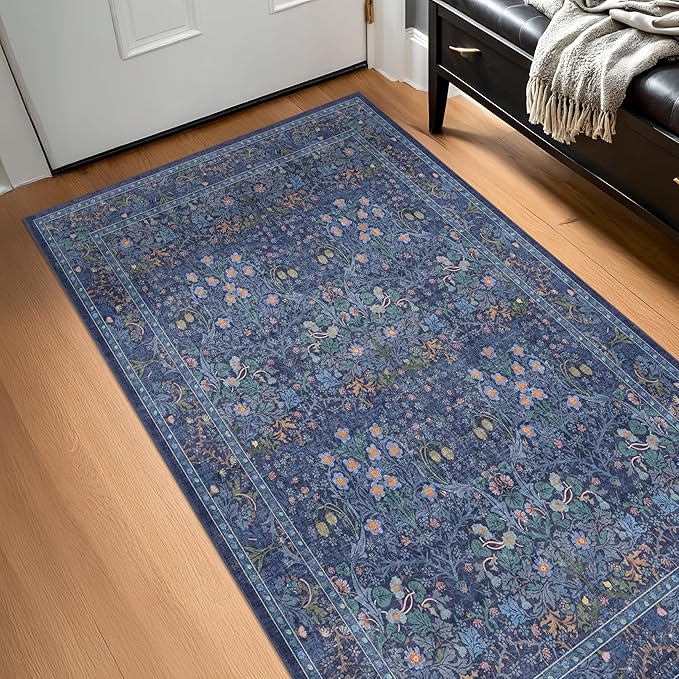 Vintage Dark Blue 3x5 Area Rugs for Entryway, Bedroom Beside Rug, Kitchen, Laundry Room, Non-Slip Low Pile Ultra Soft Stain Resistant Small Floral Carpet