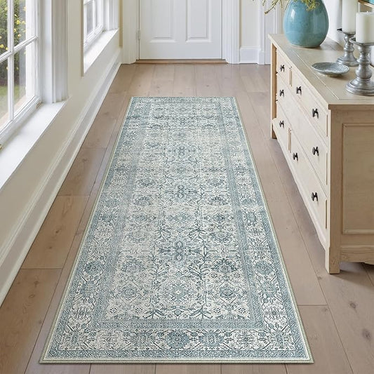Blue Runner Rug 2x6 Vintage Area Carpet Hallway Long Indoor Kitchen Washable Living Room Low Pile Traditional Distressed Retro Accent Throw Rug Non Slip Laundry Bathroom Office Dining Room