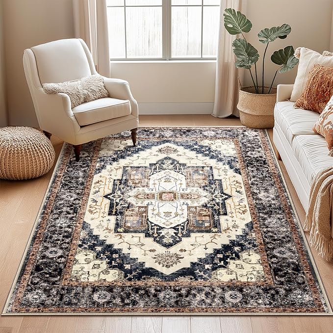 Washable 6x9 Area Rugs, Rugs for Living Room, Low-Pile Water&Stain Resistant Carpet Vintage Distressed Printed Non-Slip Carpet for Bedroom Bathroom Kitchen-Light Yellow/Choco/Brown/Navy Blue