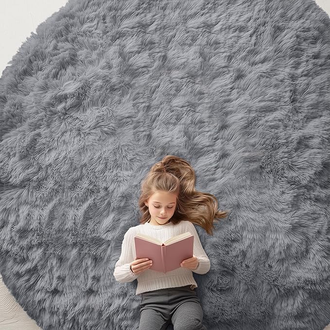 OLANLY Light Grey Round Rugs for Bedroom - Machine Washable, 9x9 Feet Circle Area Rugs for Living Room, Soft Fluffy Shaggy Carpet for Teen Girls and Boys, Dorms, Nursery Rooms, Home Decor Aesthetic