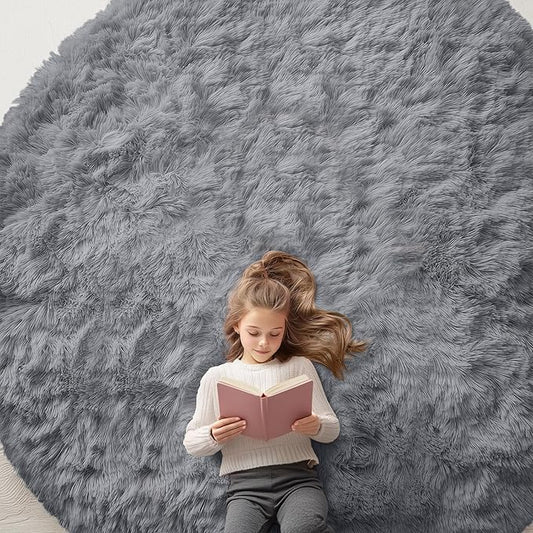 OLANLY Light Grey Round Rugs for Bedroom - Machine Washable, 9x9 Feet Circle Area Rugs for Living Room, Soft Fluffy Shaggy Carpet for Teen Girls and Boys, Dorms, Nursery Rooms, Home Decor Aesthetic