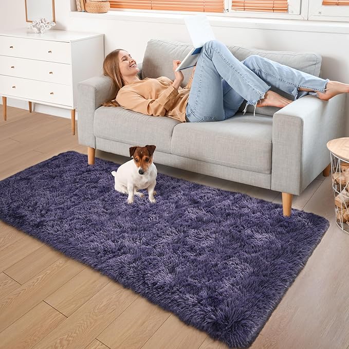 YJ.GWL Fluffy Runner Rugs for Bedroom Living Room Soft Shag Rug 2x6 Feet, Grey-Purple Plush Carpet Non Slip for Nursery Dorm, Fuzzy Bedside Rug for Kids Boys Room Home Decor