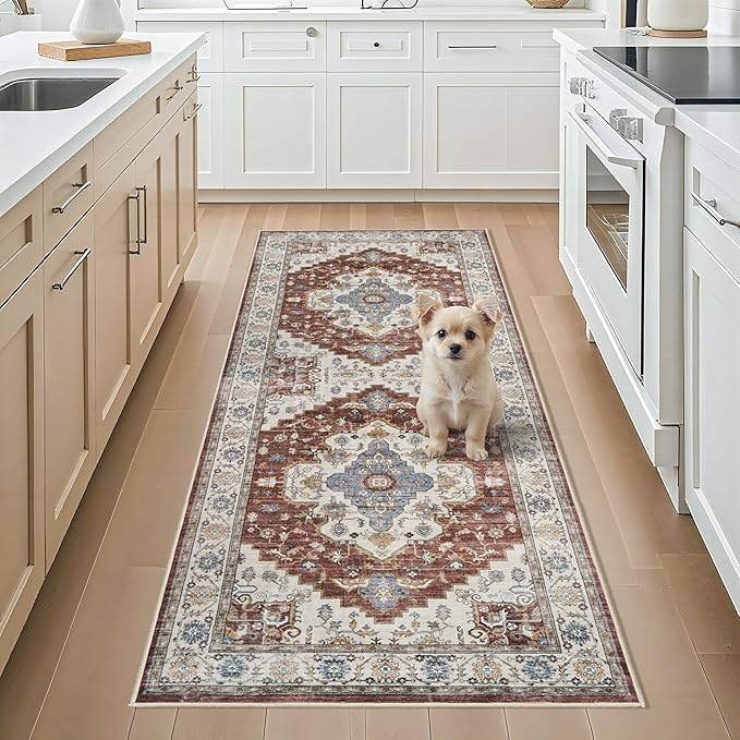 3x6 Runner Rugs for Hallway: Non Slip Kitchen Rugs Ultra Thin Carpet for Living Room Stain Resisitant Rug for Bathroom - Soft Vintage Floor Mat - Gifts for Household Home Decor (3x6,Brick)