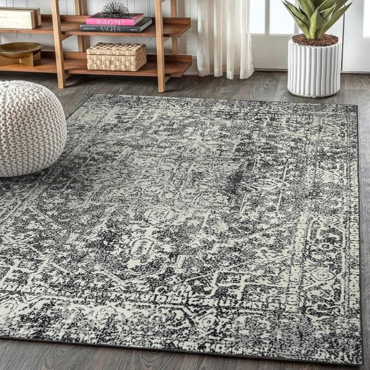 Morebes Vintage Black 5x7 Area Rugs for Living Room, Washable Large Bedroom Rug with Non Slip Rubber Backing, Medallion Distressed Soft Low Pile Carpet for Home Decor (5'x7',Black/White)