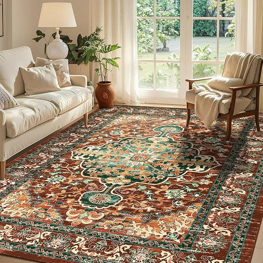 U'Artlines Boho Vintage Area Rug 6x9 ft Machine Washable Low Pile Soft Floor Carpet Non Slip Non Shedding Accent Rug for Living Room Bedroom Entryway Dining Room Office Rust＆Teal