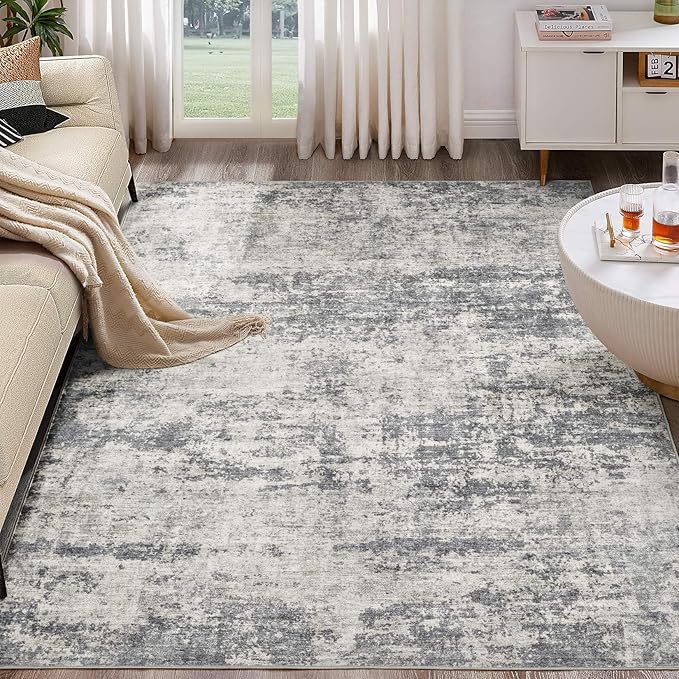 Washable Rug 8x10 Area Rugs for Living Room: Modern Abstract Neutral Soft Large Carpet for Bedroom Dining Room Under Kitchen Table Home Office Decor -Dark Grey/Beige