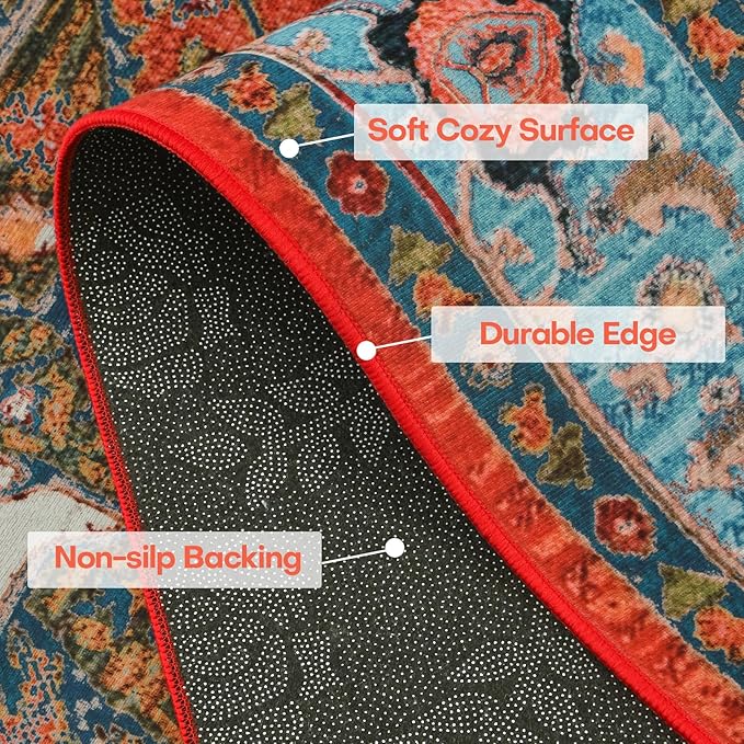 YJ.GWL Area Rug for Living Room, 4x6 Machine Washable Boho Rug for Bedroom, Low Pile Lightweight Thin Rugs Floral Vintage Distress Print Pattern Carpet for Dining Room, Red/Blue