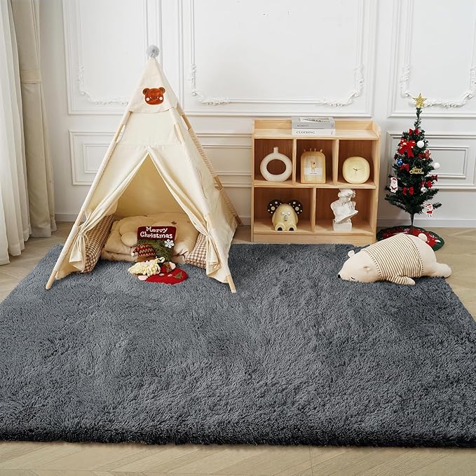 Fluffy Rug Shaggy Area Rug, Dark Gray 9x12 Area Rugs for Living Room, Large Shag Area Rugs for Bedroom Kids Room Home Decor, Upgrade Anti-Skid Rectangular Fuzzy Rugs