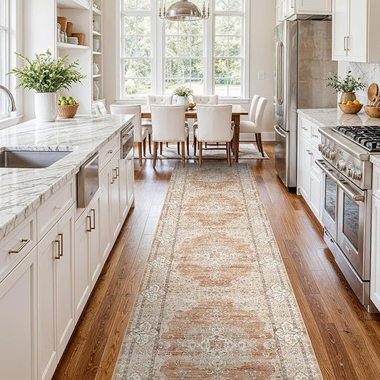 3x14 Runner Rug for Hallway Washable: Non Slip Kitchen Rugs with Rubber Backing Soft Waterproof Mats Stain Resistant Indoor Vintage Carpet Runner for Bedroom Bathroom Laundry Entryway Brick/Terracotta