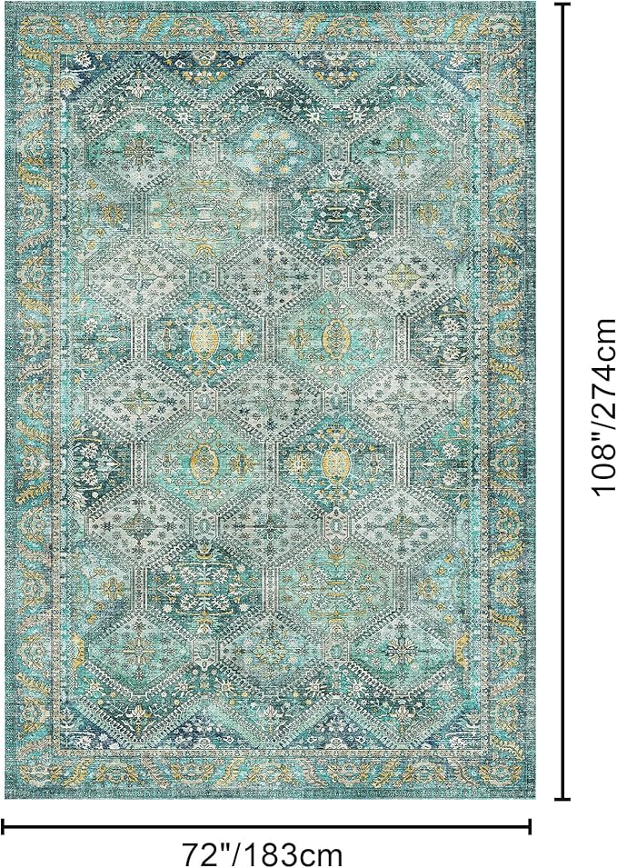Bavni 6x9 Area Rugs for Living Room, Machine Washable Rug Non Slip, Vintage Chenille Distressed Print Carpet, Large Low Pile Ultra-Thin Lightweight Rugs for Bedroom, Dining Room, Home, Office, Cyan