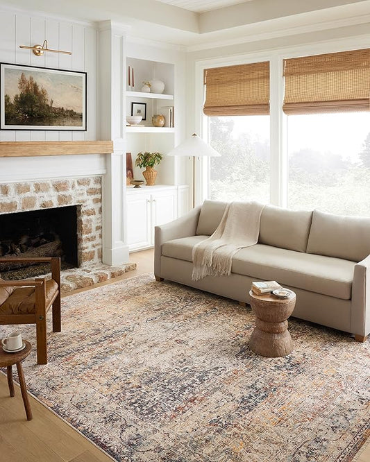 Loloi Sorrento Collection 7'-10" x 7'-10" Round Accent Rug in Natural/Multi - Vintage Inspired Patterned Area Rug, Unique Area Rug for Living Room, Bedroom, Dining Area