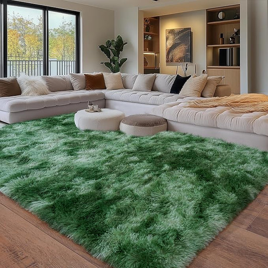 Tie-Dyed Fluffy Green Rug for Bedroom 8x10 ft Large - Ultra Soft & Non Slip Shaggy Area Rug, Comfy Durable Carpet for Living Room Kids Room Teens Dorm Home Decor, 1.7'' Thick Indoor Plush Carpets