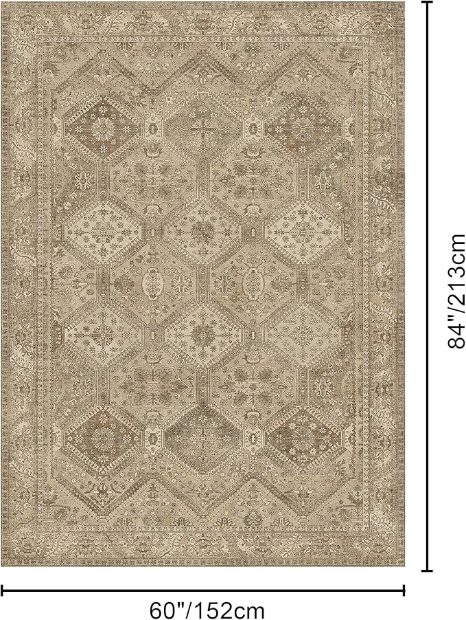Bavni 5x7 Area Rugs for Living Room, Machine Washable Rug Non Slip, Vintage Chenille Distressed Print Carpet, Large Low Pile Ultra-Thin Lightweight Rugs for Bedroom, Dining Room, Office, Nut Brown