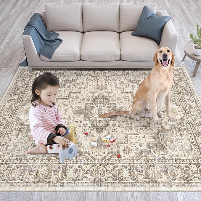 Vintage Washable Area Rug - Brown Beige, 5x7, for Living Room, Bedroom, Dining Room