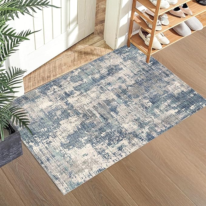 2x3 Entryway Rug Machine Washable Area Rug Small Blue/Grey Rugs Entrance Door Mat Indoor Rug Abstract Low Pile Carpet Kitchen Bedroom Office Non Slip