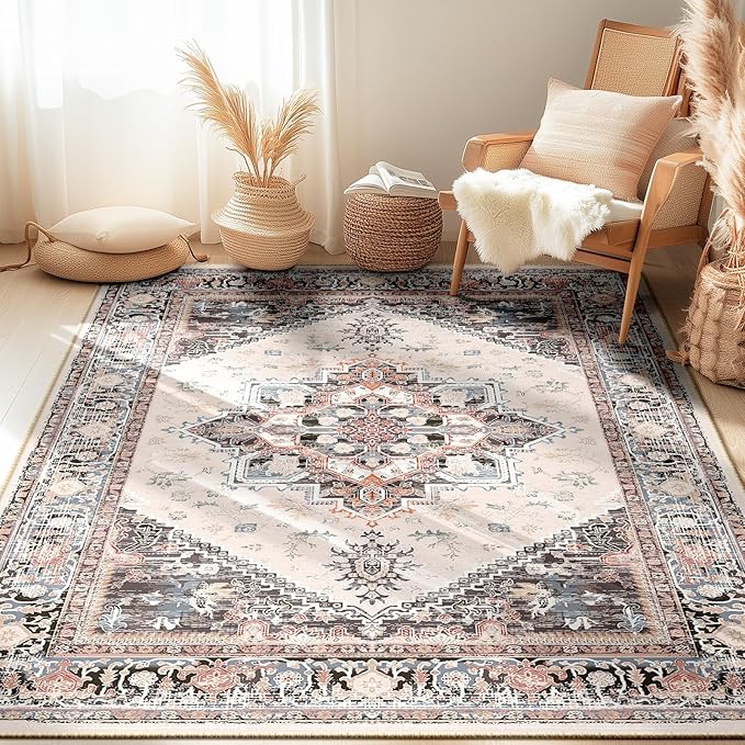 BESTSWEETIE 5x7 Area Rugs for Living Room Washable Non Slip Carpet Low Pile Soft Vintage Print Pattern Rug for Bedroom Dining Room Kitchen Entryway Indoor-Khaki/Beige/Purple/Black/Brick