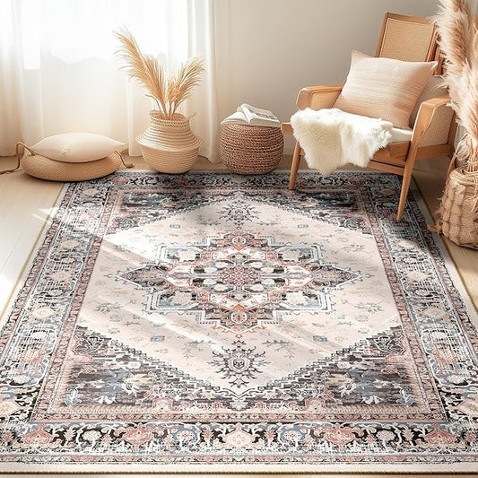 BESTSWEETIE 5x7 Area Rugs for Living Room Washable Non Slip Carpet Low Pile Soft Vintage Print Pattern Rug for Bedroom Dining Room Kitchen Entryway Indoor-Khaki/Beige/Purple/Black/Brick
