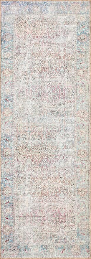 Loloi II Wynter Collection WYN-04 Red/Teal 2'-6" x 12'-0", .13" Thick, Runner Rug, Soft, Durable, Printed, Vintage Inspired, Low Pile, Non-Shedding, Easy Clean, Living Room Rug