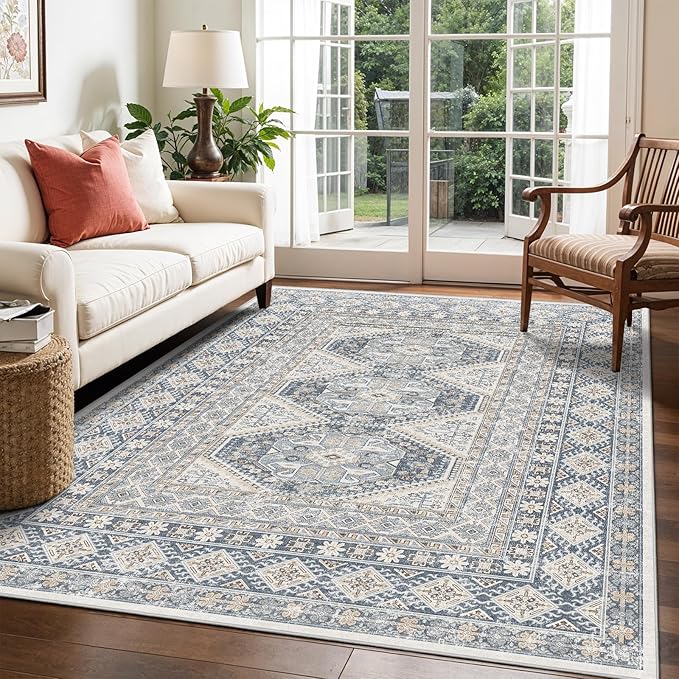 5x7 Area Rugs for Living Room:Washable Oriental Rug for Bedroom Dining Room Carpet 5 by 7 Indoor Non Slip Rubber Backing Neutral Nursery Dorm Home Office Kids 5X7 Blue