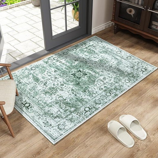 Keeko Small Rugs for Entryway, 2x3 Living Room Area Rug Vintage Door Mat Accent Bedroom Bedside Rug Indoor Low Pile Retro Non Slip Front Door Print Throw Rugs for Kitchen Laundry Room Decor Green