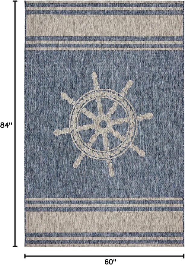 LR Home 5 x 7 Indoor/Outdoor Area Rug for Home Decor | Nautical Anchor carpet for living room, bedroom, playroom, patio, garden | Modern farmhouse rug | Denim Blue/Gray