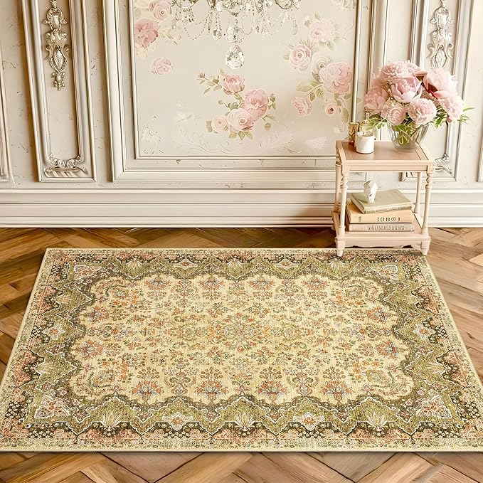 Small Rug 2x3 Green Boho Rugs for Entryway, Vintage Washable Area Rug for Bathroom Kitchen Bedroom, Non Slip Soft Accent Distressed Floor Throw Carpet