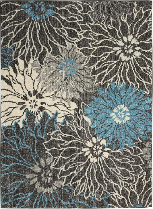 Nourison Passion Charcoal/Blue 3'9" x 5'9" Area Rug, Floral, Farmhouse, Easy Cleaning, Non Shedding, Bed Room, Living Room, Dining Room, Kitchen, (4' x 6')